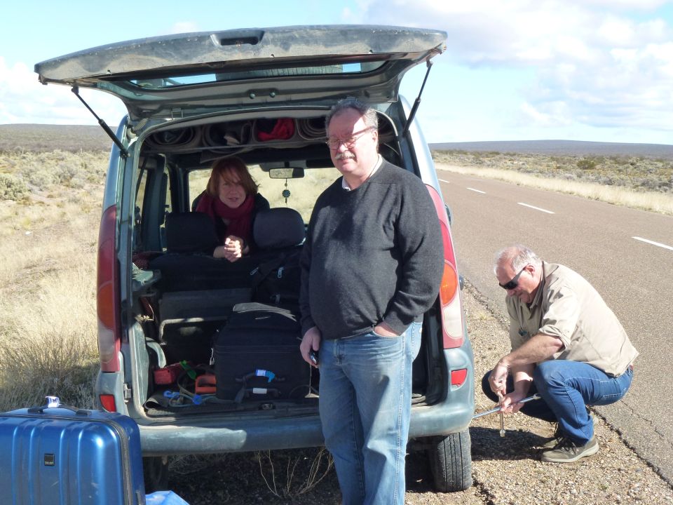 Two hours into the journey we had a flat. Nearest settlement, Las Plumas, 50 km away.