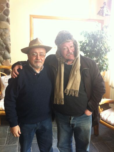 Explorer and hired secret agent Jorge Aulicino with entrepreneur extraordinaire Jorge Fondebrider, prepared for penultimate leg of Patagonian trip in Casa de Piedra, Trevelin.