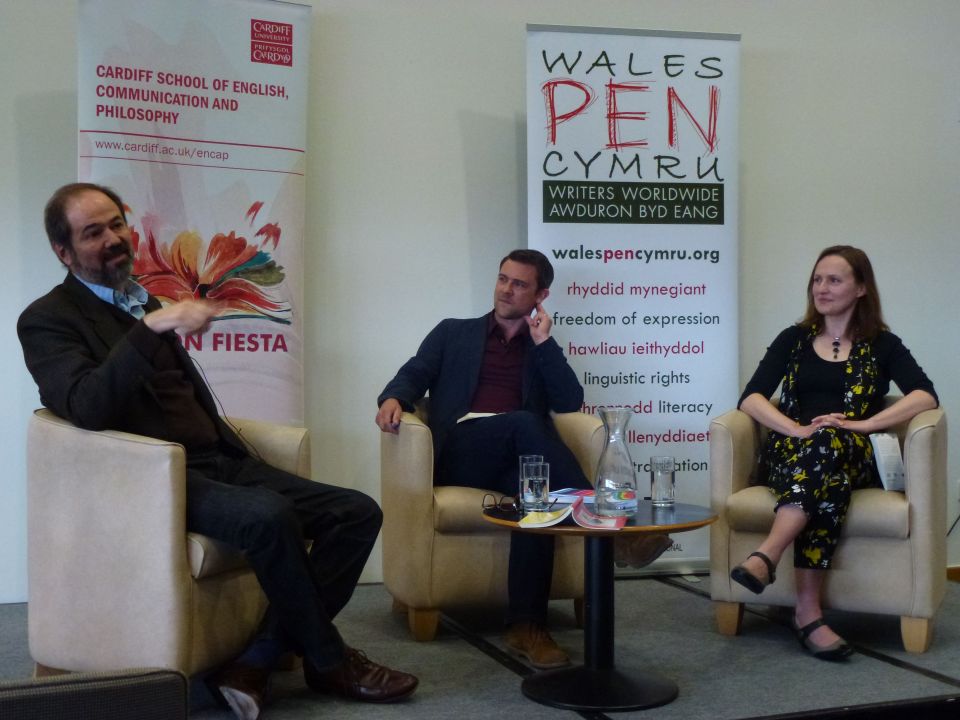 Juan Villoro, Owen Sheers and Francesca Rhydderch at this year's Fiction Fiesta, held at the Wales Millennium Centre, Cardiff